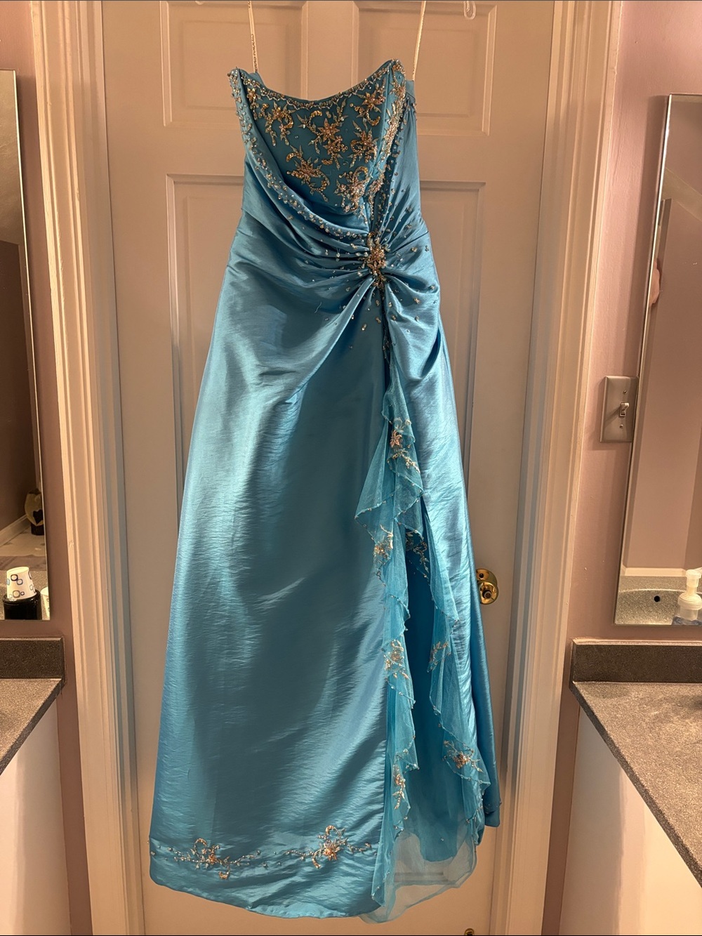 Precious Formals Turquoise/ Aqua Embellished Strapless Prom Gown